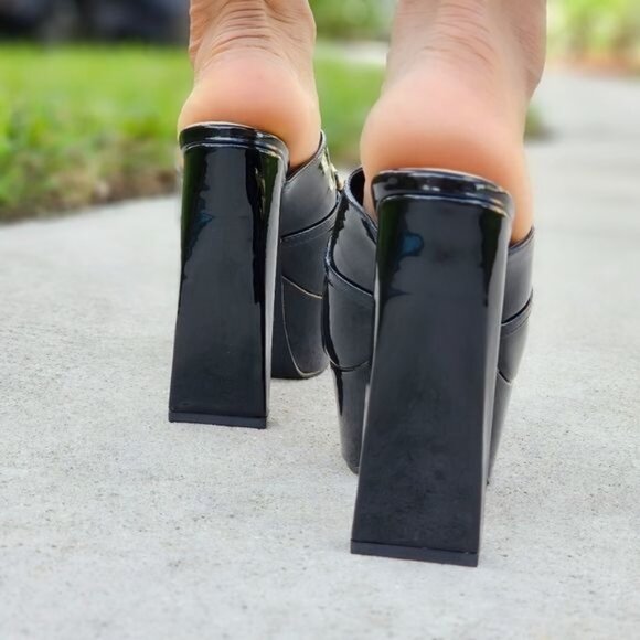 Women's Platform Heeled Mule Open Loafers Black Color Patent - Picture 4 of 5